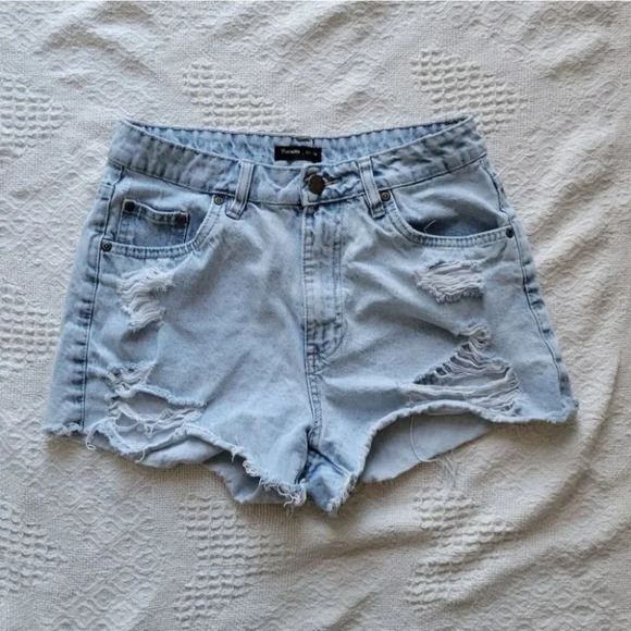 Light Denim Distressed High Rise Shorts - Picture 2 of 8